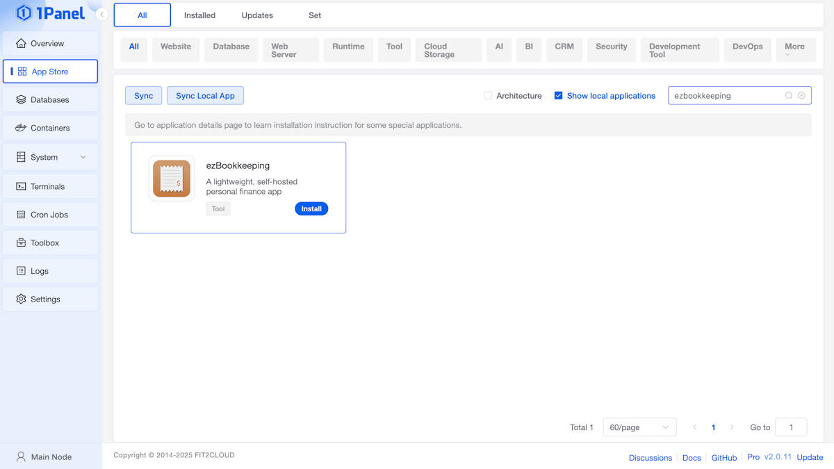 How to install ezBookkeeping in 1Panel